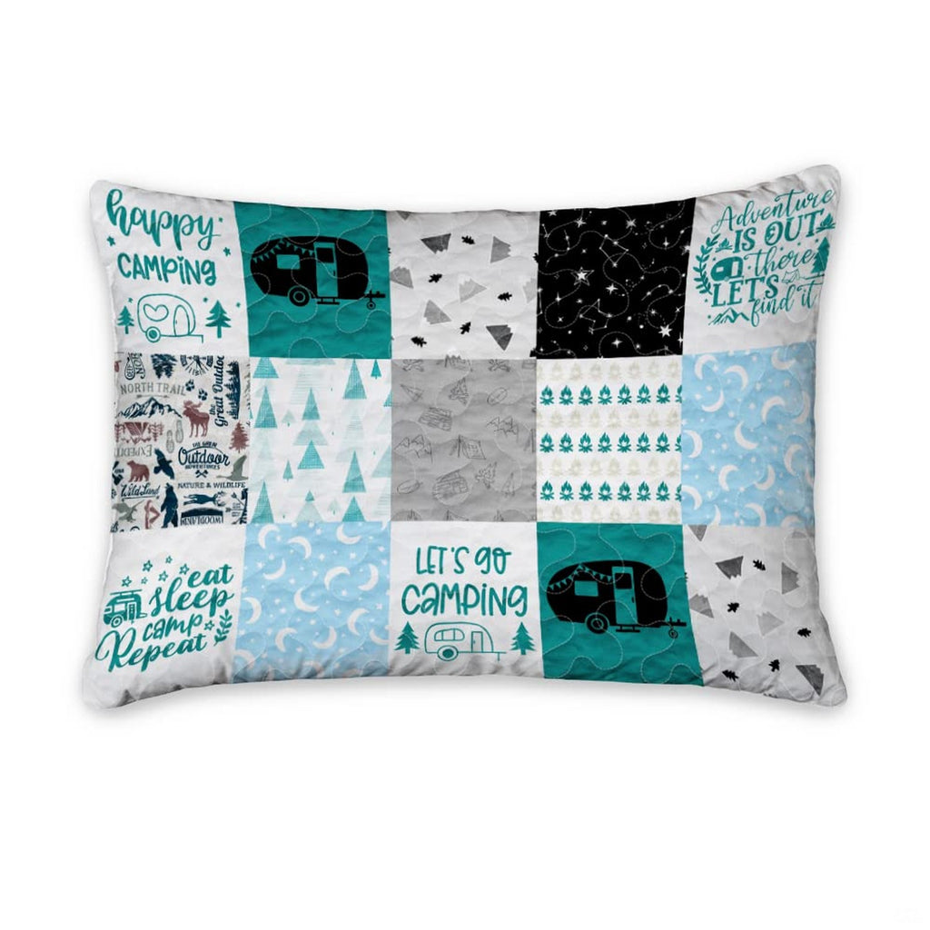 Close view of thematic accent gnomes, sky blue stars, and woodland animals on an outdoor theme bedding set.