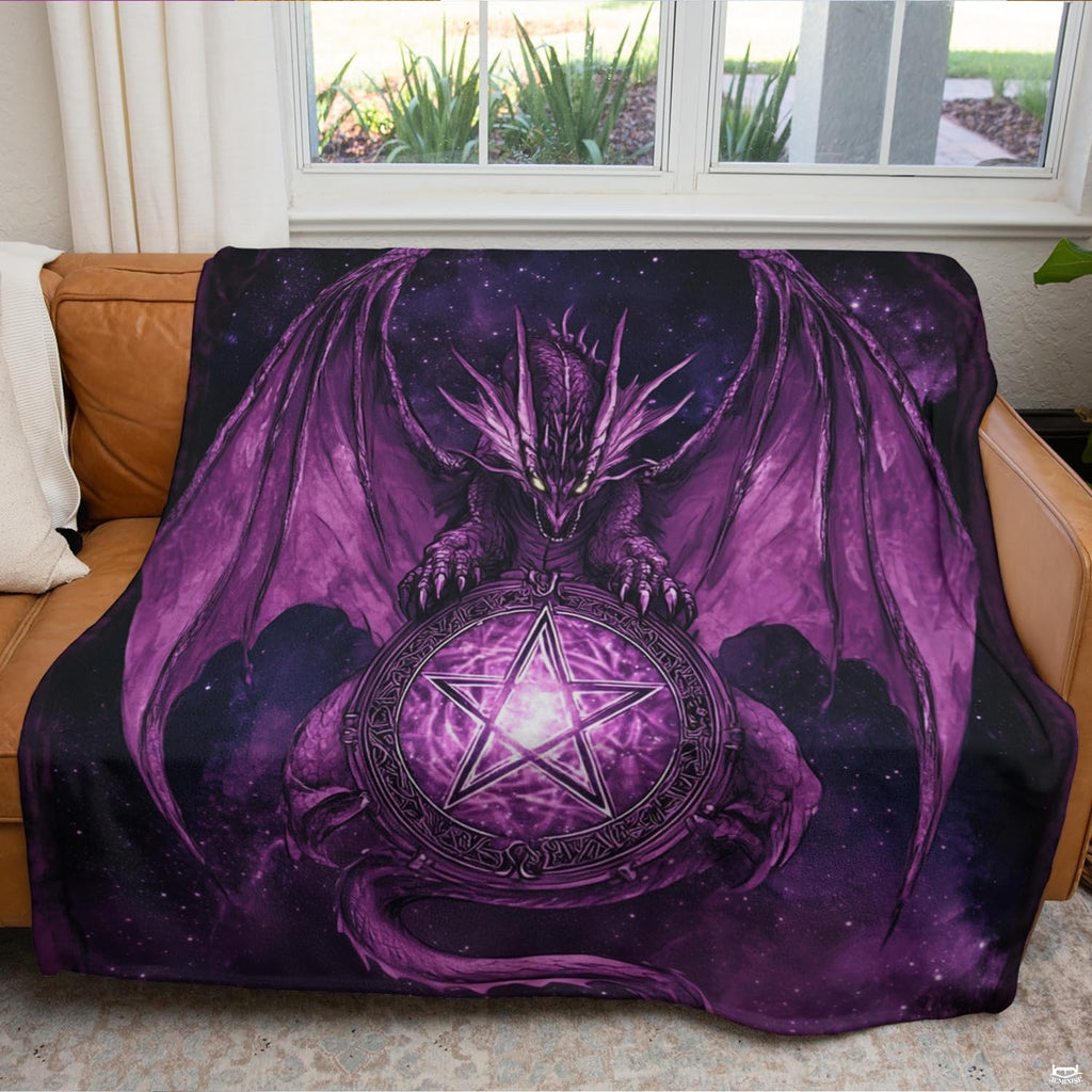 Close view of gothic dragon wings and mystical pentagram artwork