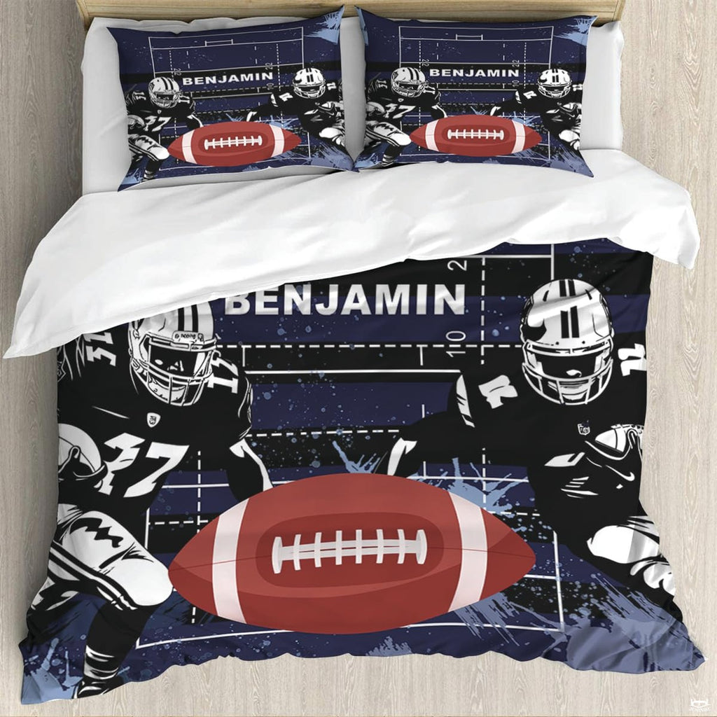Close-up perspective of football bedding detailing chalk white field lines, yardage numbers, and player illustration
