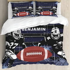 Close-up perspective of football bedding detailing chalk white field lines, yardage numbers, and player illustration