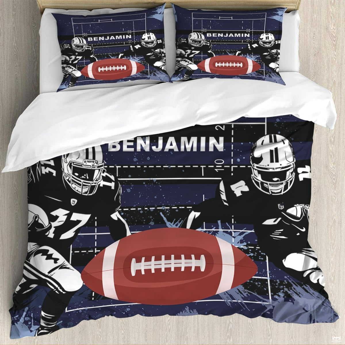 Close-up perspective of football bedding detailing chalk white field lines, yardage numbers, and player illustration