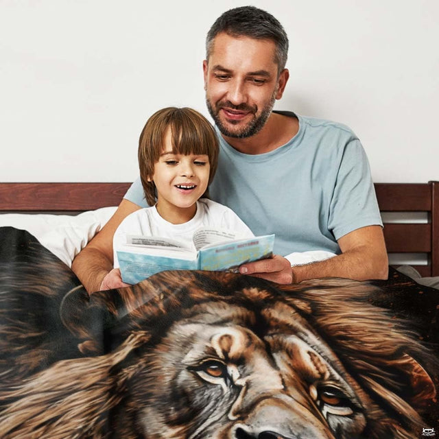 Woman holding open majestic male lion mane portrait throw blanket in modern living room