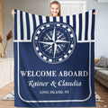 Nautical compass rose navy stripe throw blanket featuring mariner compass medallion and rope border