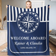 Nautical compass rose navy stripe throw blanket featuring mariner compass medallion and rope border