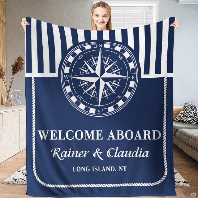 Nautical compass rose navy stripe throw blanket featuring mariner compass medallion and rope border