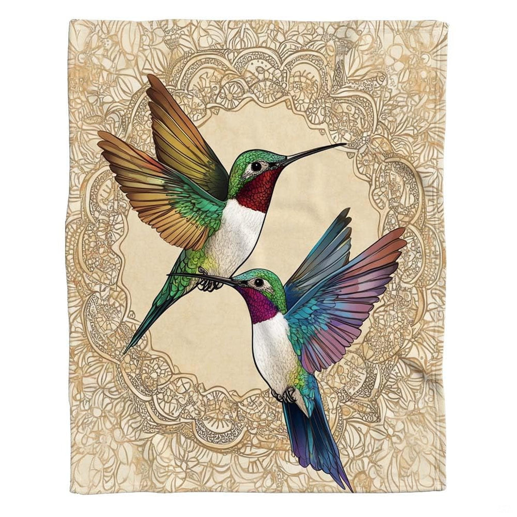 Close-up of colorful hummingbird plumage and delicate lace mandala pattern.