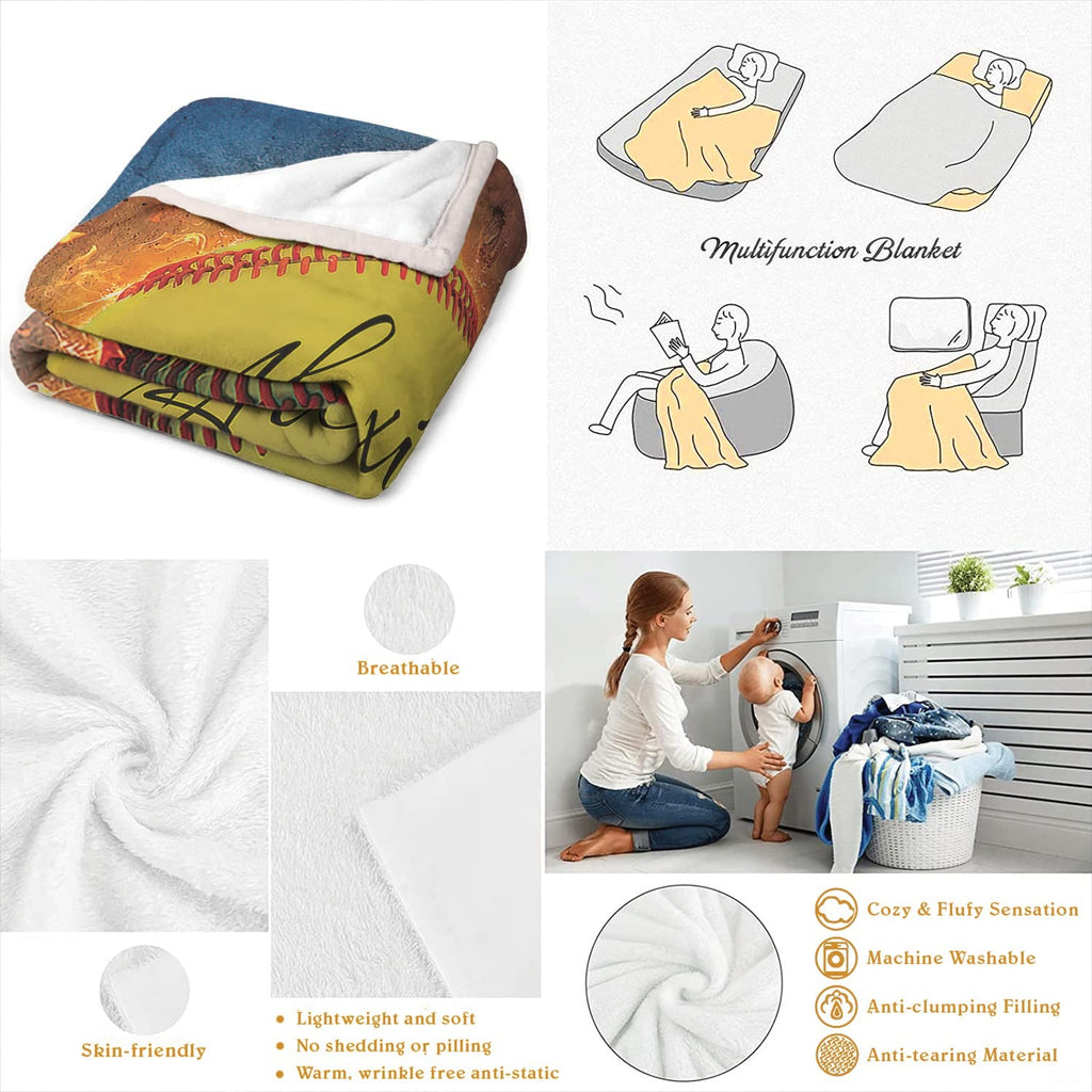 Neatly folded flaming softball blanket showcasing crisp edge hemming and fiery print layout