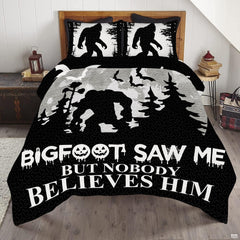 Humorous Bigfoot bedding set featuring a walking Sasquatch silhouette and witty typography on a bed