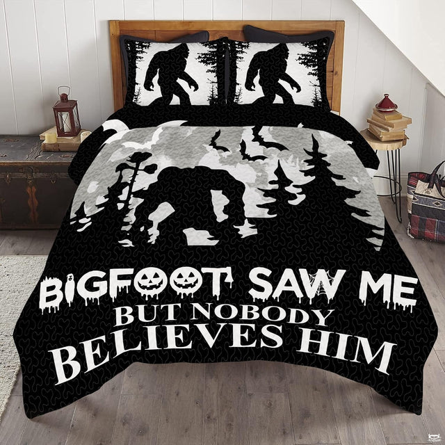 Humorous Bigfoot bedding set featuring a walking Sasquatch silhouette and witty typography on a bed