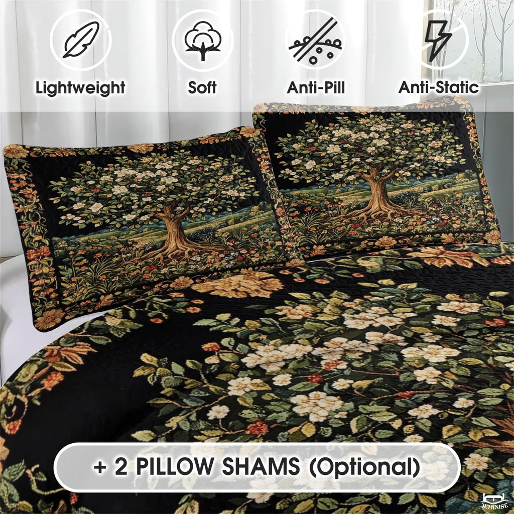 Nature Tree of Life Quilt Set with Blooming Tree and Bedroom And Exposed Roots