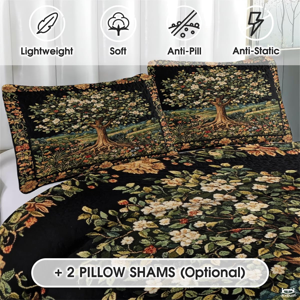 Nature Tree of Life Quilt Set with Blooming Tree and Bedroom And Exposed Roots