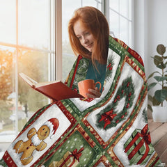 Gingerbread man Christmas wreath throw blanket view 2 highlighting holiday cookies, presents, and festive decor