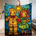 Stained glass gingerbread couple throw blanket featuring gingerbread boy and girl with red heart under sun