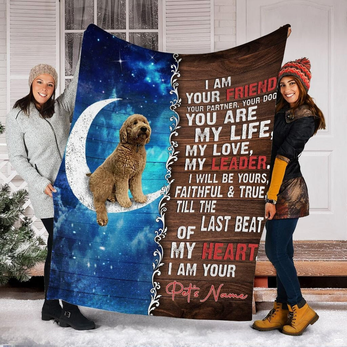 Rustic celestial canine graphic blanket draped across bedroom bed