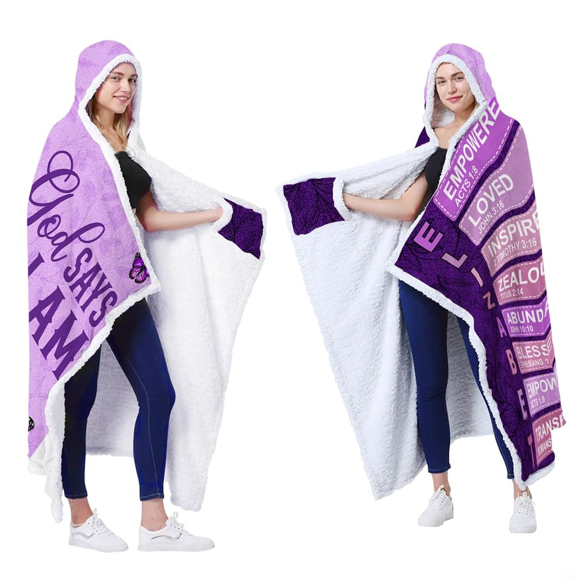 Christian butterfly scripture hooded blanket draped on living room armchair