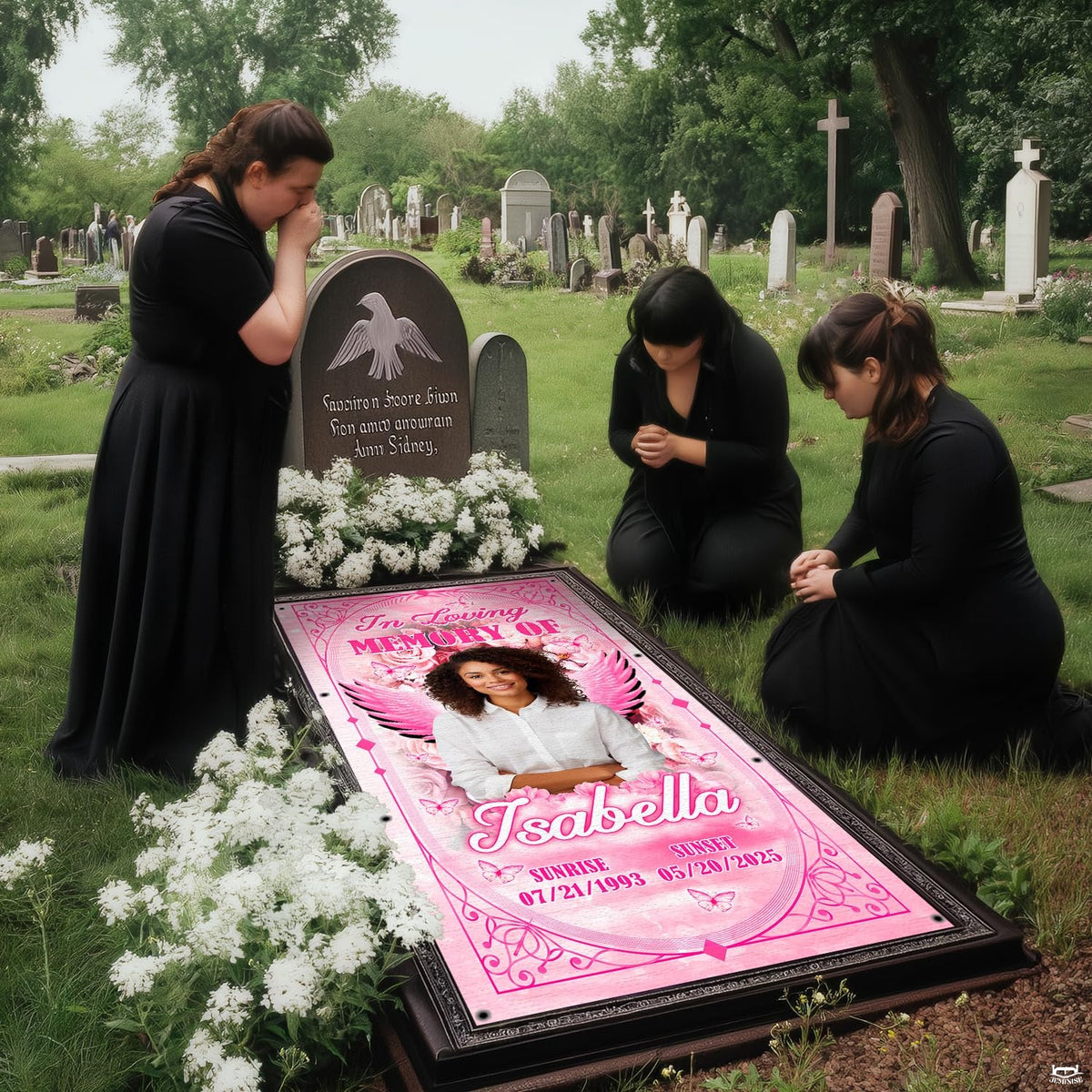 Solemn cemetery setting with mourners in dark attire kneeling beside the pink tribute.