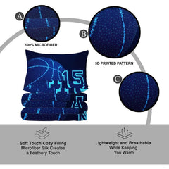 Overhead view of athletic blue basketball sports bedding spread across a contemporary bedroom bed setup