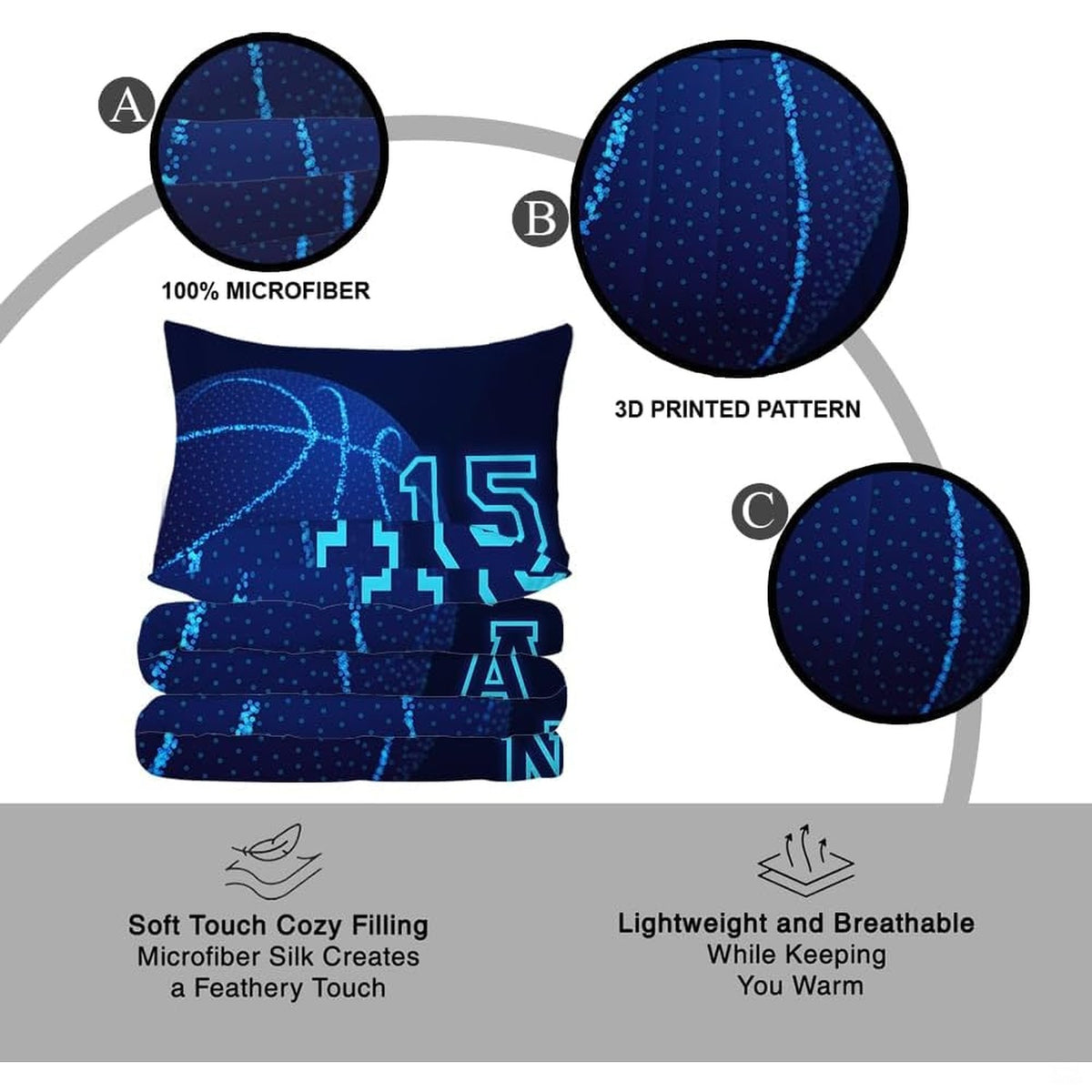 Overhead view of athletic blue basketball sports bedding spread across a contemporary bedroom bed setup