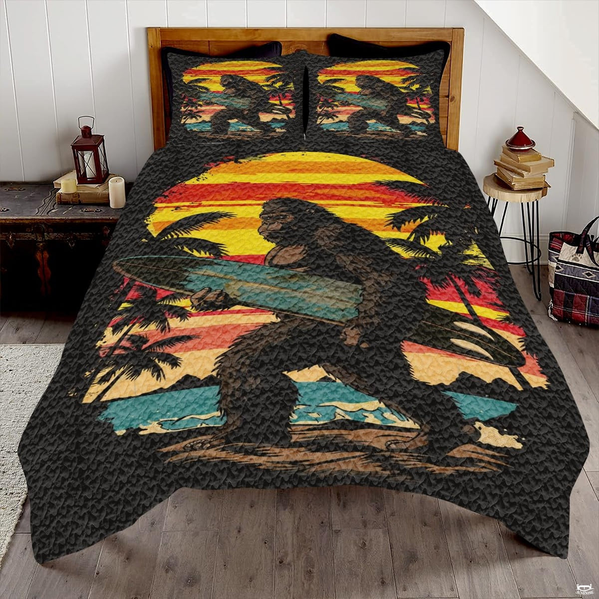Tropical bedding set featuring a surfing Bigfoot holding a surfboard against a retro striped sunset