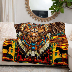Rustic bedroom styling displaying a colorful tribal owl native bedding set.