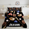 Coral peach baseball helmet graphic sports bedding set displayed neatly on a bed in a modern youth bedroom