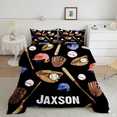 Coral peach baseball helmet graphic sports bedding set displayed neatly on a bed in a modern youth bedroom