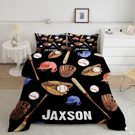 Coral peach baseball helmet graphic sports bedding set displayed neatly on a bed in a modern youth bedroom