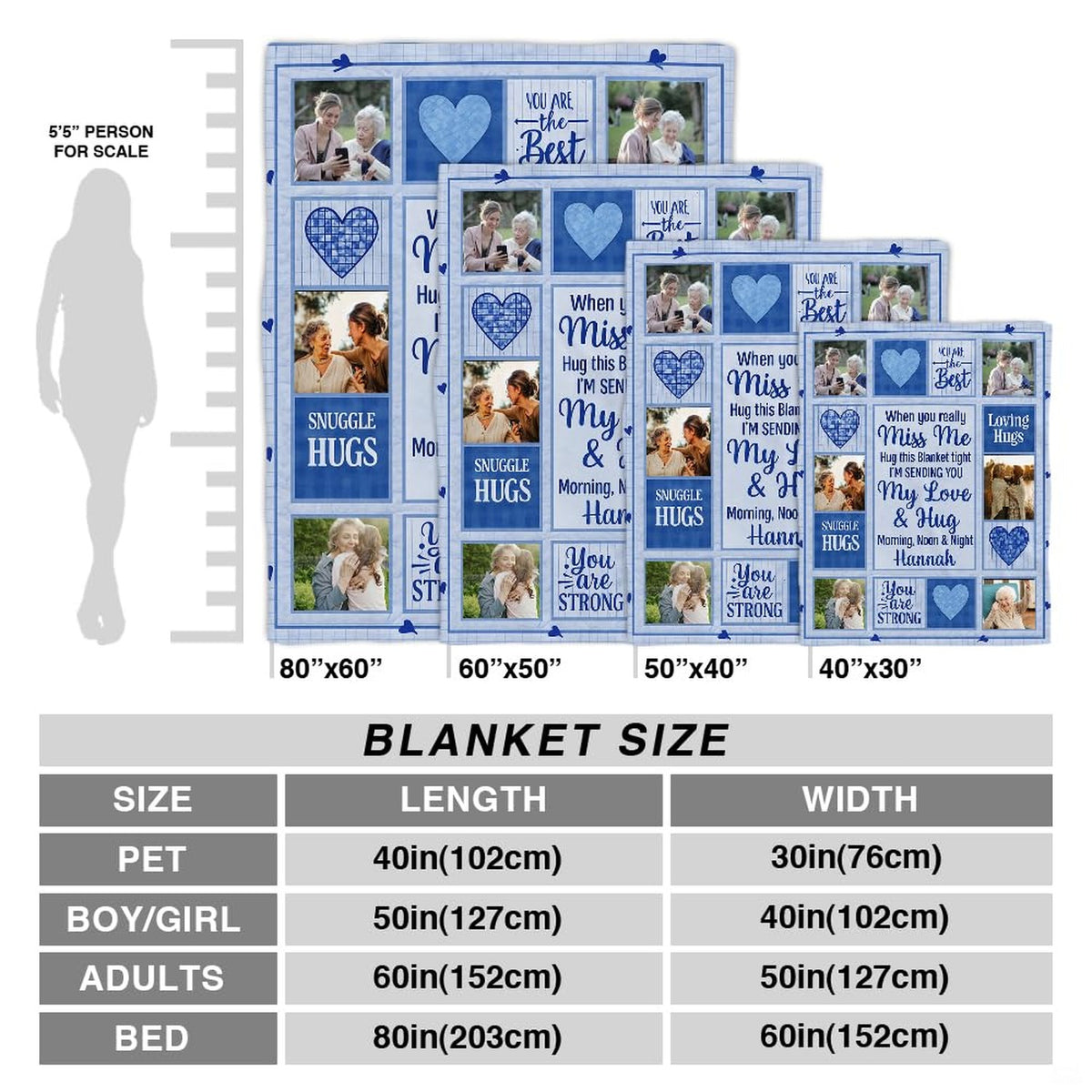 Periwinkle blue grid layout showing family photo panes and uplifting typography cards
