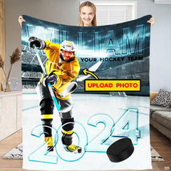 Ice hockey player taking a slapshot in a floodlit arena stadium, view 6.