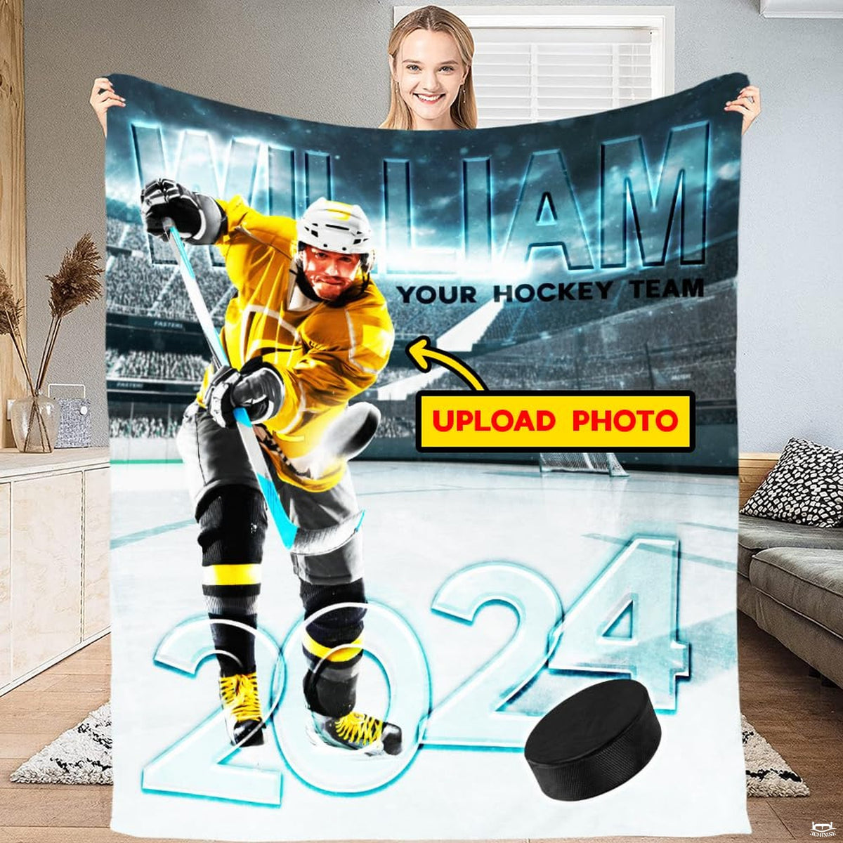 Ice hockey player taking a slapshot in a floodlit arena stadium, view 6.