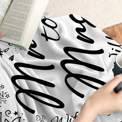 Overhead flat view of Miss to Mrs doodle wedding throw blanket