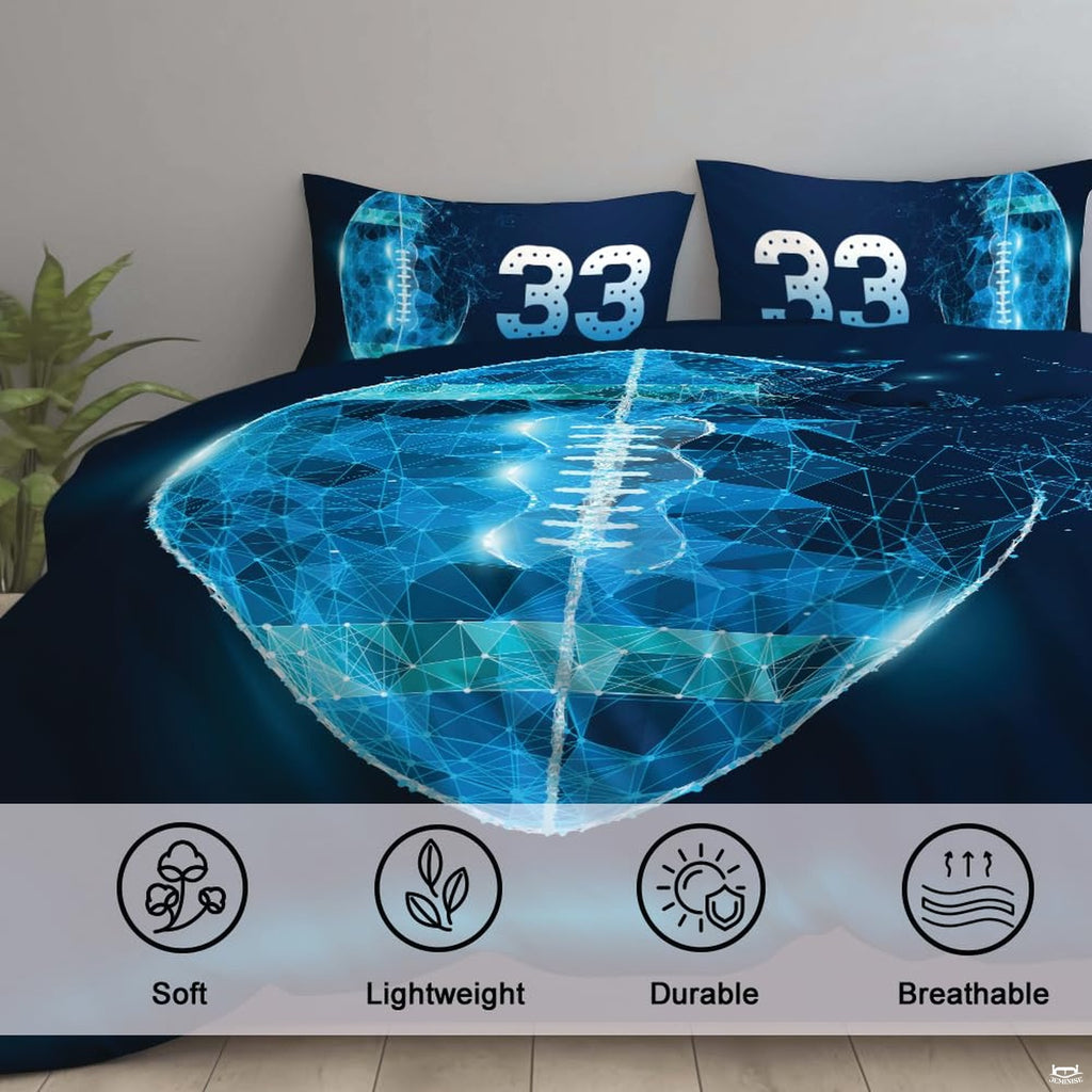 Corner angle view of athletic bedding illustrating electric teal and forest turf tones in a modern bedroom
