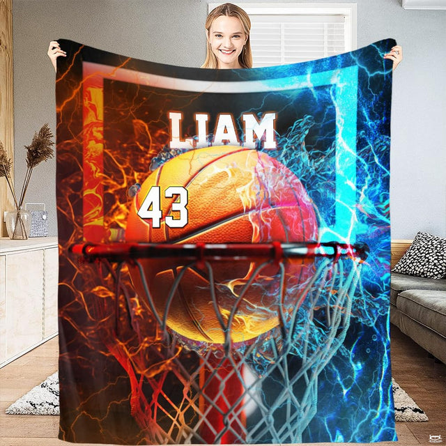Dramatic fire and ice basketball visual graphic displaying fiery embers contrasting icy splashes.