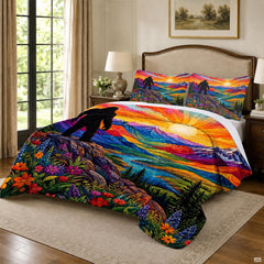 Close-up of radiant sunburst rays, alpine peaks, and winding turquoise river on a colorful bedding set