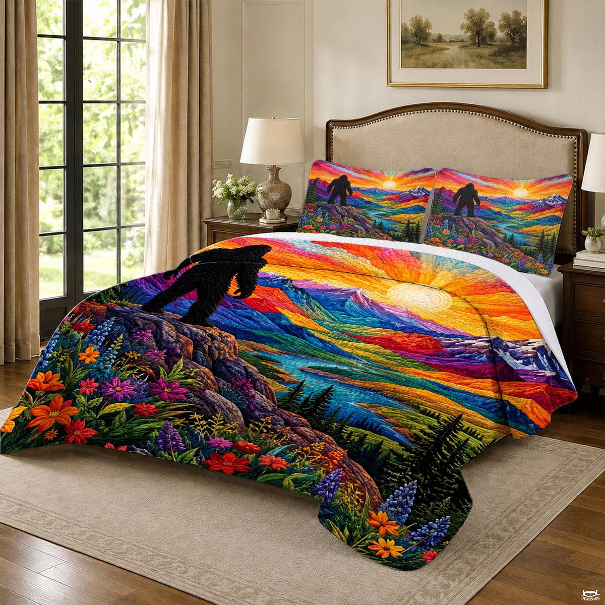 Close-up of radiant sunburst rays, alpine peaks, and winding turquoise river on a colorful bedding set