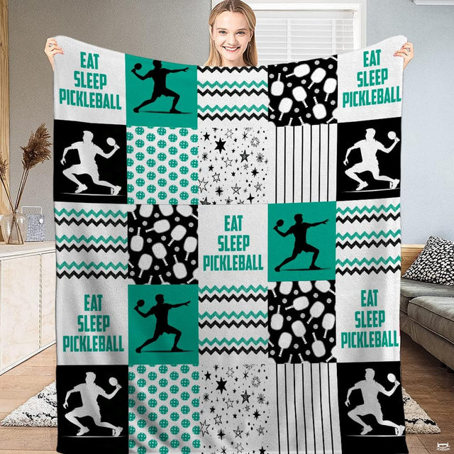 Pickleball patchwork pattern with player silhouettes and teal chevrons, view 2.