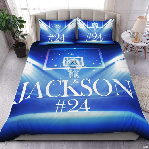 Blue stadium lights basketball bedding featuring glowing hoop backboard illuminated by radiant arena spotlights