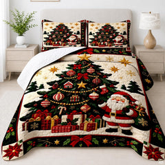 thematic accent winter bedroom setup featuring joyful Santa Claus bed sheets in thematic accent lighting.
