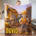 Little construction builder excavator throw blanket held by smiling child