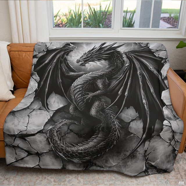 Gothic black dragon throw blanket draped across a modern living room couch