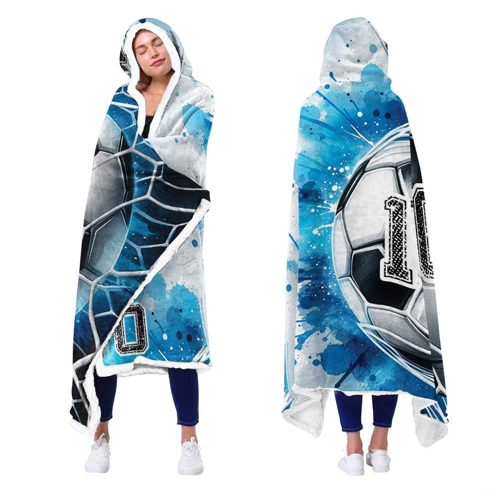 Blue watercolor soccer goal net sports blanket showing athletic design view 2