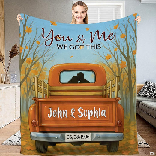 Autumn vintage truck couple throw blanket displaying an orange retro pickup in golden woods with couple silhouettes