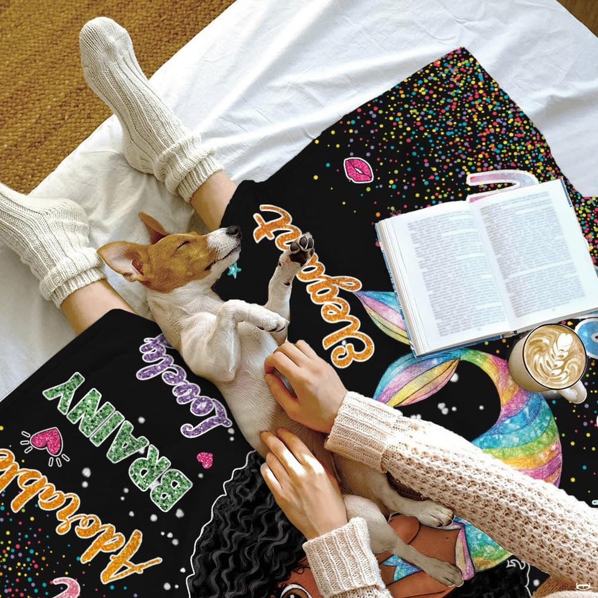 African American cartoon mermaid princess with rainbow fin and colorful confetti on black, view 4.