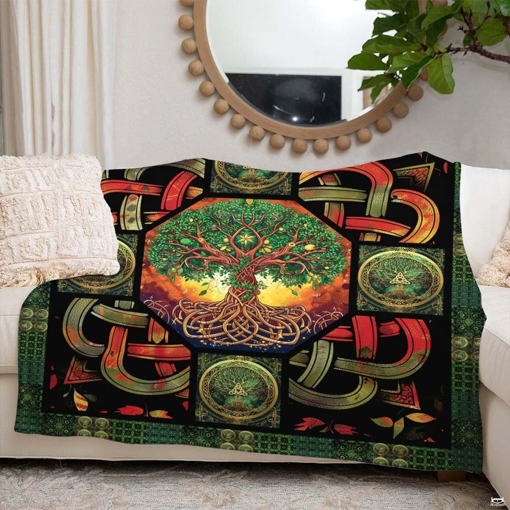 Artistic Celtic medallions and botanical vine borders on black bedding display.