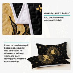 Side angle view of golden moonlit Bigfoot bedding styled with rustic cabin timber and room accents