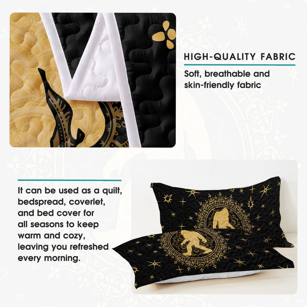 Side angle view of golden moonlit Bigfoot bedding styled with rustic cabin timber and room accents