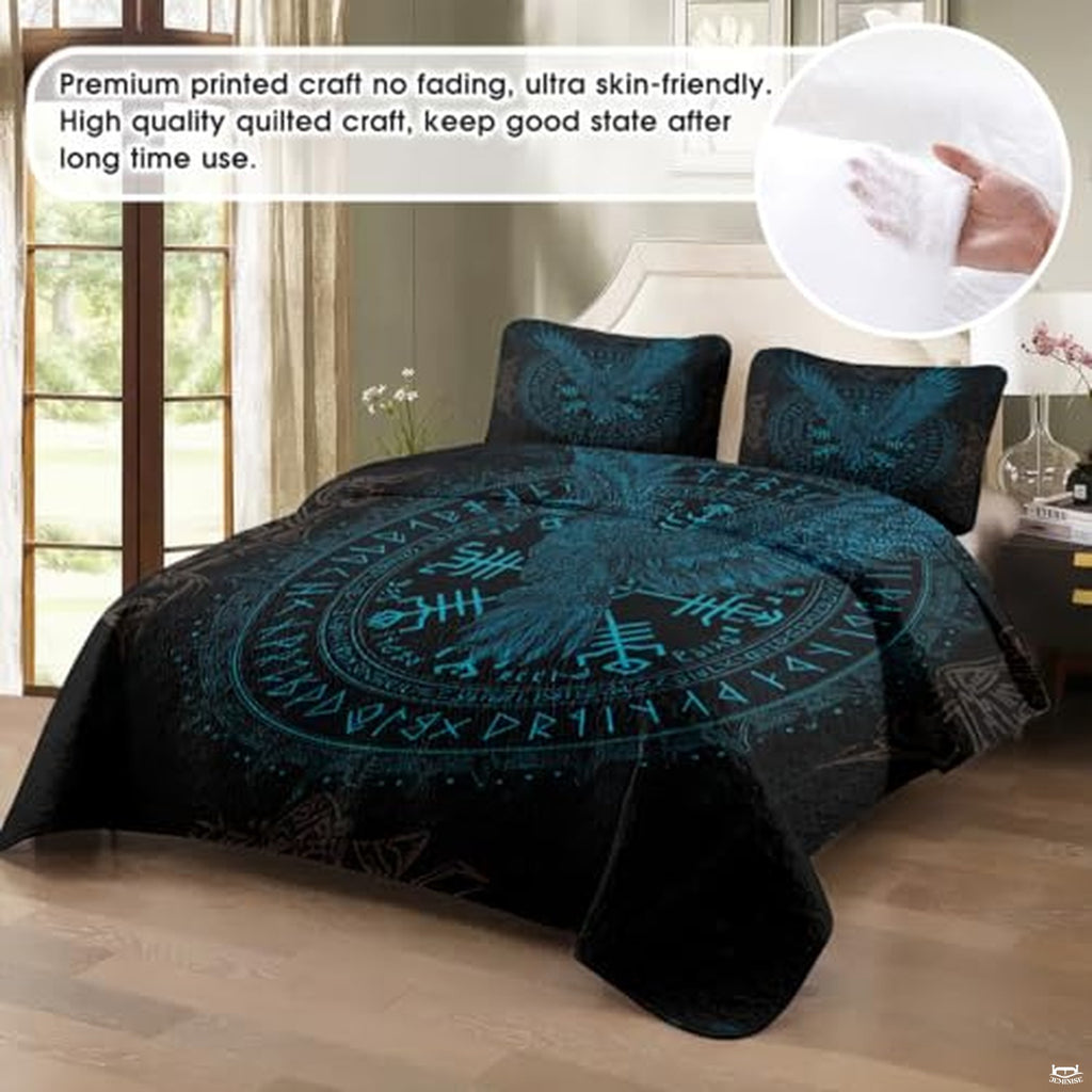 Viking Raven Quilt Bed Set – Norse Mythology Celtic Tree of Life Bedding with Ravens – Viking Bedspread Comforter Set for Men & Women, Nordic Symbol Quilt, Twin/Queen/King Sizes (Color 5)