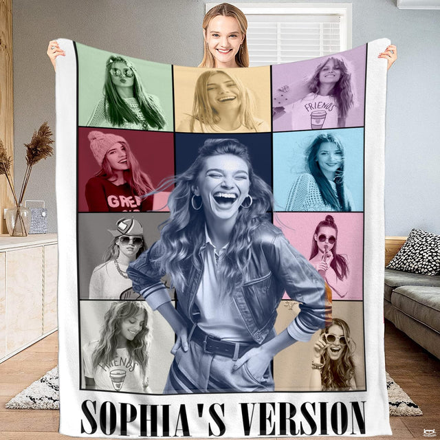 Pop music eras tour photo collage graphic blanket showing pastel portrait tiles and album typography view 1