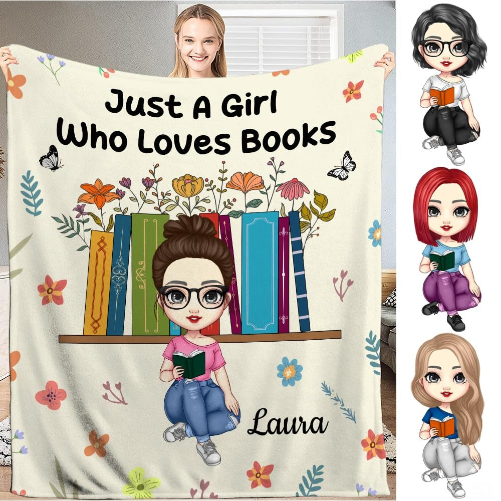 Personalized Girl Reading in Front of Book Bookshelf Throw - Design 8