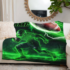 Neon green football throw blanket view 6 highlighting laser outline player, electric lightning, and glowing gridiron
